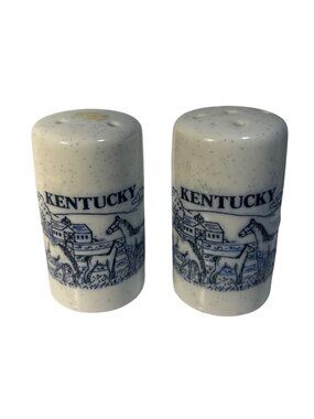 Kentucky Souvenir Salt & Pepper Shakers Horse Farm Speckled White Blue Japan Vtg